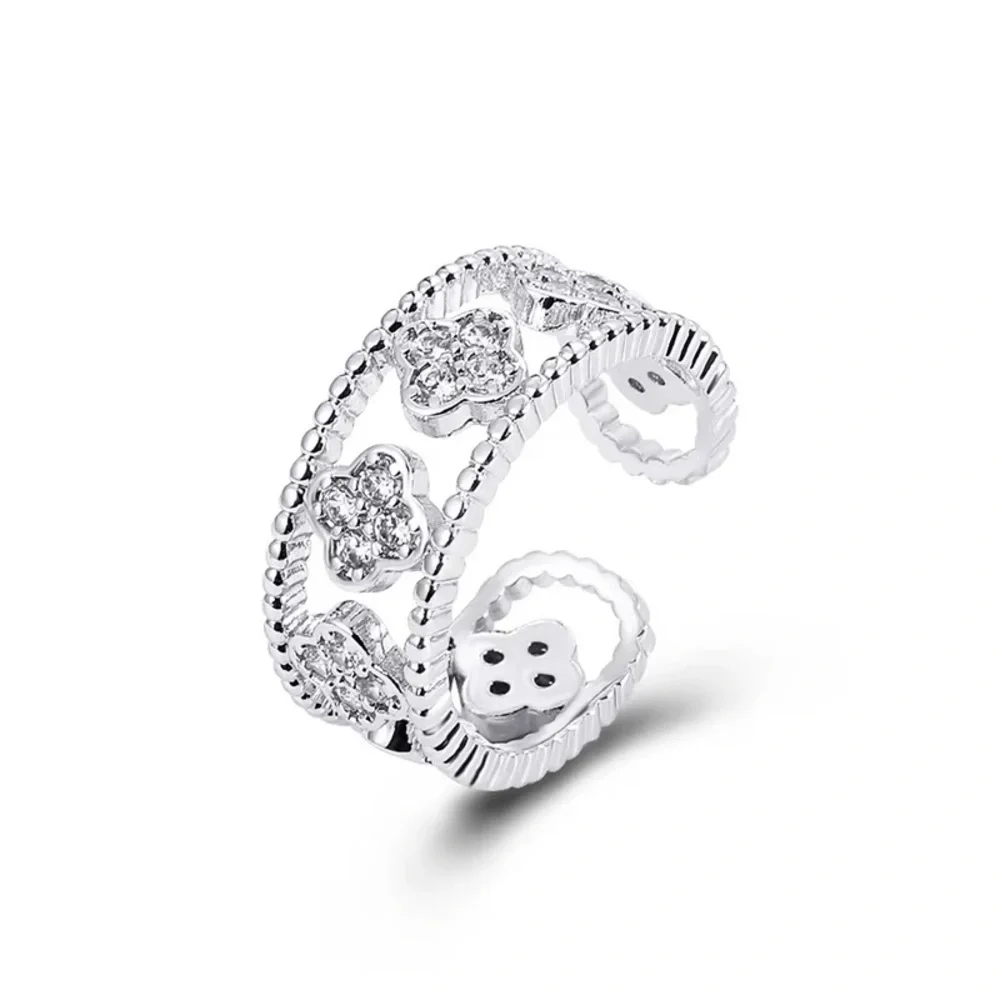 Luxury Inspired Four Leaf Clover Beaded Wide Band Ring – Silver & Zirconia